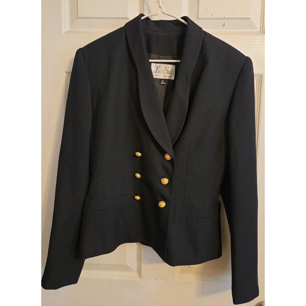 Le Suit Jacket Womens 8 Double Breasted Black Crosshatch Blazer Lined Office